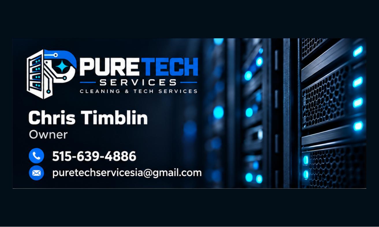 Midnight Network business card: Pure Tech Services, Chris Timblin, Owner. Phone 515-639-4886. Email puretechservicesia@gmail.com.